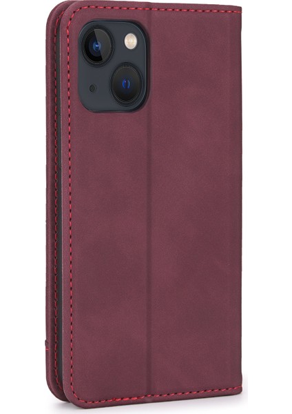 Apple iPhone 13 Telefon Kılıfı Görüntüleme Stand Retro Pu Deri Flip Cüzdan Kılıfı Tam Vücut Manyetik Adsorpsiyon Koruyucu Kapak 6.1 Inç-Dark Kırmızı (Yurt Dışından) modelleri