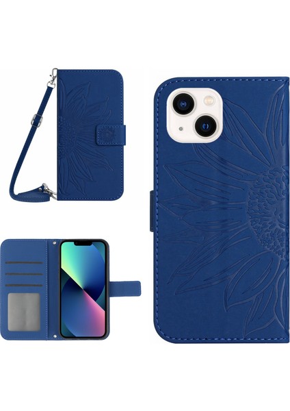 Apple iPhone 13 Telefon Kılıfı 6.1 Inç HT04 Baskılı Ayçiçeği Cilt Touch Pu Deri+Tpu Kılıf Stand Standı Cüzdan Telefon Kapağı Omuz Kayışı Sapfire (Yurt Dışından)