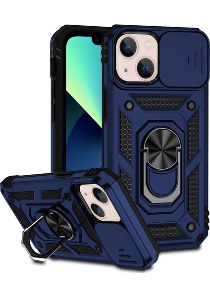 Apple iPhone 13 Telefon Kasası 6.1 Inç Önleme Önleyici Cep Telefon Kılıf Yüzüğü Kickstand Hibrid Pc+Tpu Kabuğu Slayt Kamera Koruma Kapak Mavisi (Yurt Dışından)