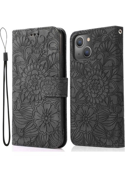Apple iPhone 13 Telefon Kasası Için Tam Koruma Telefon Kasası 6.1 Inç Basılı Çiçek Deseni Pu Deri Standı Çizik Dirençli Flip Cüzdan Kapağı Kayış-Siyah ile (Yurt Dışından)