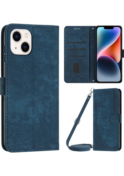 Apple iPhone 14/13 Için 6.1 Inç Pu Deri Telefon Kılıfları Stand Çizgileri Baskılı Cilt Touch Cüzdan Kapak Sapfire (Yurt Dışından)