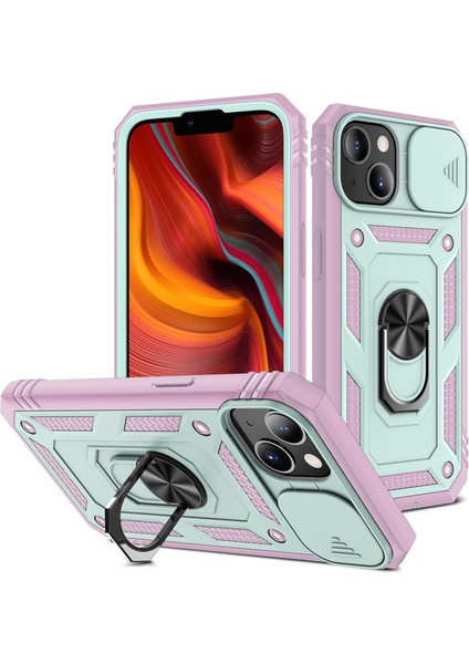 Apple iPhone 13 Telefon Kasası 6.1 Inç Dahili Kickstand Kamera Kapağı Kart Anti-Drop Pc+Tpu Cep Telefon Kılıfı Kart Pıhtısı Yeşil Pembeli (Yurt Dışından)