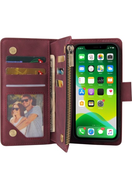 Apple iPhone 13 Telefon Kılıfı 6.1 Inç Pu Deri Tam Koruma Stand Kapak Kart Yuvaları Cüzdan Koruyucu Kılıf Fermuarı Pocket-Dark Kırmızı (Yurt Dışından) fiyatları