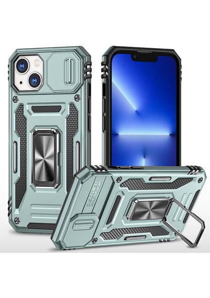 Apple iPhone 13 Telefon Kasası 6.1 Inç Halka Kickstand Anti-Fall Vaka Slayt Kamera Kapağı Pc+Tpu Cep Telefonu Koruyucu Kapak Yeşili (Yurt Dışından)