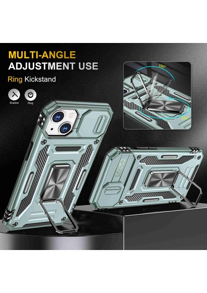 Apple iPhone 13 Telefon Kasası 6.1 Inç Halka Kickstand Anti-Fall Vaka Slayt Kamera Kapağı Pc+Tpu Cep Telefonu Koruyucu Kapak Yeşili (Yurt Dışından) fırsatları