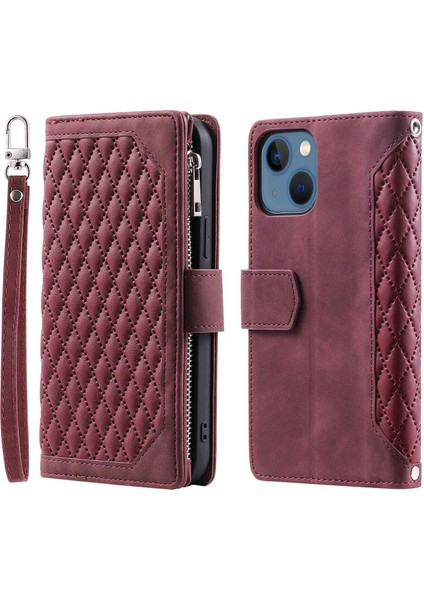 Apple iPhone 13 Telefon Kılıfı Için Cüzdan Rhombus Doku Kılıfı 6.1 Inç Zipper Cep Pu Deri Deri Telefon Stand Kapağı Bilek Kayış-Dark Kırmızı (Yurt Dışından)