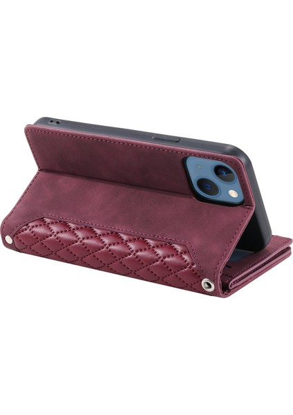 Apple iPhone 13 Telefon Kılıfı Için Cüzdan Rhombus Doku Kılıfı 6.1 Inç Zipper Cep Pu Deri Deri Telefon Stand Kapağı Bilek Kayış-Dark Kırmızı (Yurt Dışından)
