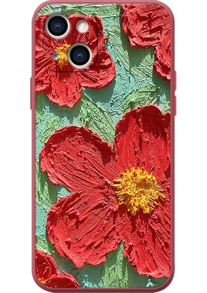 Apple iPhone 13 Telefon Kasası 6.1 Inç Canlı Yağlı Boya Çiçek Desenli Telefon Kasası Anti-Çizik Yumuşak Tpu Arka Kapak Kırmızısı (Yurt Dışından)