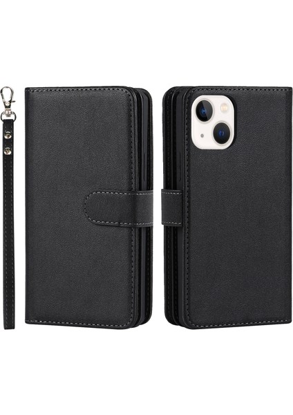 Apple iPhone 13 Telefon Kılıfı Için Düşüş Maşif Çıkarılabilir Pu Deri Deri Cüzdan Stand Telefon Kılıfı Bilek Kayışı ile 6.1 Inç-Black (Yurt Dışından)