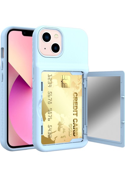 Apple iPhone 13 Telefon Kasası Için Akrilik+Tpu Hibrid Kasa Koruyucu Kapak Kart Tutucu ve Gizli Ayna 6.1 Inç Hafif Mavi (Yurt Dışından)