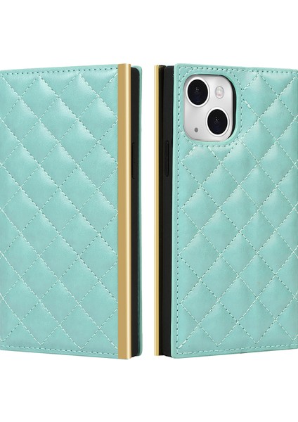 Apple iPhone 13 Telefon Kasası Için Izgara Dokusu Folio Flip Cüzdan Standı Deri Telefon Kapağı Çanta Ayna Tasarımı ile Çanta 6.1 Inç-Yeşil (Yurt Dışından)