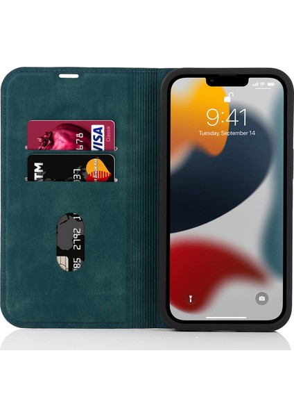 Apple iPhone 13 Telefon Kasası 6.1 Inç Pu Deri Kart Tutucu Telefon Kasası Rfıd Engelleme Standı Manyetik Otomatik Emici Anti-Damla Kapak-Mavi (Yurt Dışından)