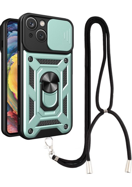 Apple iPhone 13 Telefon Kasası Anti-Fall Ring Tutucu Telefon Kılıfı 6.1 Inç Slayt Kamera Koruması Pc+Tpu Hibrid Telefon Kapağı Kirk-Yeşil ile Kickstand (Yurt Dışından)