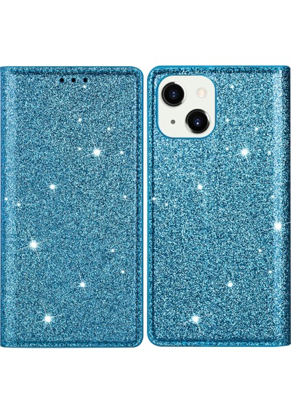 Apple iPhone 13 Telefon Kasası Için Manyetik Otomatik Emici Ultra Ince Flaş Tozu Deri Kasa, Kart Tutucusu ile 6.1 Inç-Mavi (Yurt Dışından)