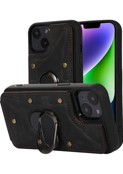 Apple iPhone 13/14 Için Telefon Kasası 6.1 Inç Kart Torba Tasarım Çarpışması Dirençli Cilt Dokunuşu Pu Deri Kaplı Tpu Manyetik Halka Kickstand-Black ile Arka Kasa (Yurt Dışından)