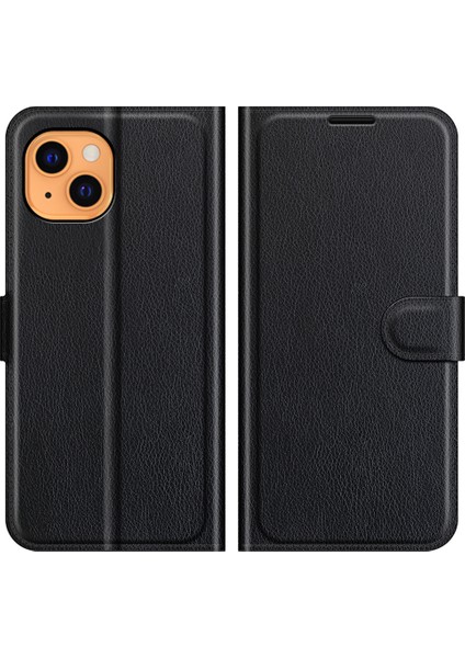 Litchi Doku Cüzdan Stand Tasarım Deri Kılıf Apple iPhone 13 6.1 Inç-Siyah (Yurt Dışından)