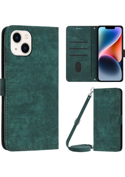 Apple iPhone 14/13 Için 6.1 Inç Pu Deri Telefon Kılıfları Stand Çizgileri Baskılı Cilt Touch Cüzdan Kapak Yeşili (Yurt Dışından)
