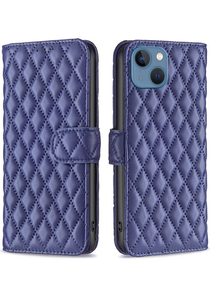 Apple iPhone 13 Telefon Kasası Için Cüzdan Kasası Stand 6.1 Inç Çizgiye Dönüşüm Anti-Çizgiye Basılı Rhombus Desen Pu Deri Telefon Koruyucu Kapak Kartı Tutucu-Blue (Yurt Dışından)