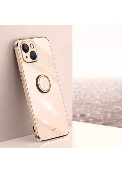 Apple iPhone 13 6.1 Inç Yüzük Kickstand Yumuşak Tpu Geri Kabuk Elektrapan Altın Kenar Kılıf Kapak Pembe (Yurt Dışından)