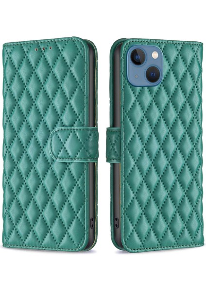 Apple iPhone 13 Telefon Kasası Cüzdan Kasası Stand 6.1 Inç Çizgiye Dönüşüm Anti-Çizgiye Basılı Rhombus Desen Pu Deri Telefon Koruyucu Kapak Kartı Tutucu-Yeşil (Yurt Dışından)