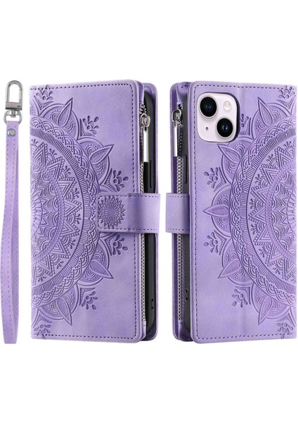 Apple iPhone 13 Telefon Kasası 6.1 Inç Basılı Mandala Çiçek Kapağı Çoklu Kart Yuvaları Pu Deri Telefon Kılıfı Stand Zipper Cep Cüzdan Strap-Purple (Yurt Dışından) fiyatları