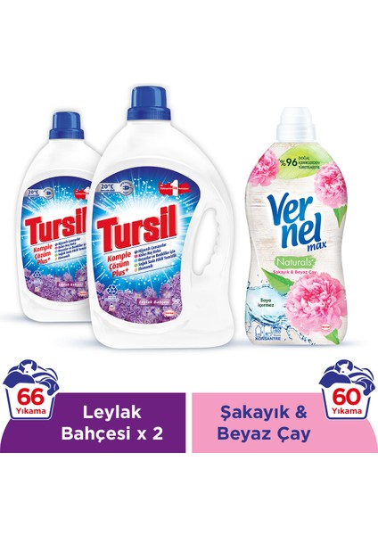 Leylak Bahçesi 33 Yıkama Jel Deterjan x 2 adet + Vernel Max Naturals Şakayık & Beyaz Çay 1440 ml (60 yıkama)