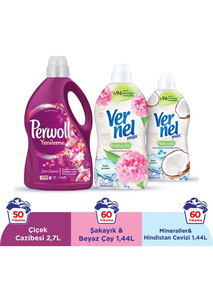 Yenileme Çiçek Cazibesi Renkliler 2.75L & Vernel Max Naturals Şakayık ve Beyaz Çay 1.44L & Vernel Max Naturals Mineraller ve Hindistan Cevizi 1.44L