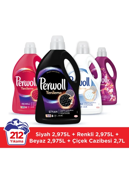 Yenileme Renkli 2.97L & Perwoll Yenileme Siyah 2.97L & Perwoll Yenileme Beyaz 2.97L & Perwoll Yenileme Çiçek Cazibesi Renkliler 2.75L (4'lü Set)