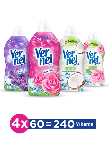 Max Taze Gül 1.44L & Vernel Max Taze Lavanta 1.44L & Vernel Max Naturals Mineraller ve Hindistan Cevizi 1.44L & Vernel Max Naturals Şakayık ve Beyaz Çay 1.44L