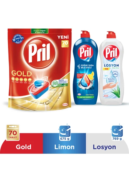 Gold Bulaşık Deterjanı 70 Tablet + Pril Soğuk Suda Bile Etkili Limon 653ml Sıvı Bulaşık Deterjanı + Pril Losyon Aloe Vera 750ml Sıvı Bulaşık Deterjanı