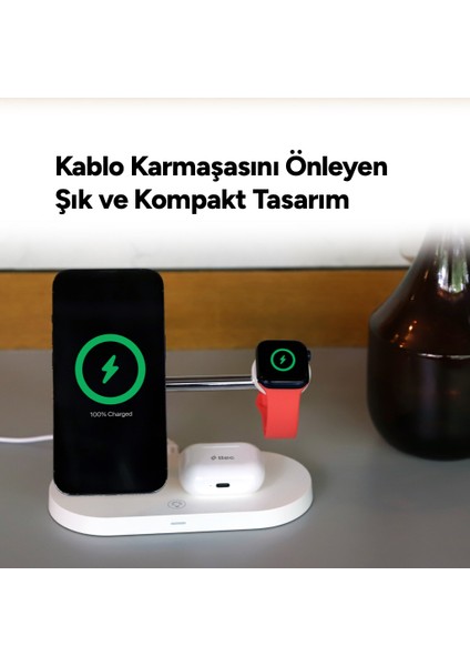 Aircharger Quattro M Magsafe Uyumlu Iphone+Applewatch+Airpods LED Li Kablosuz Hızlı Şarj Standı