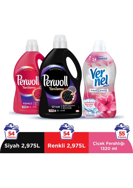 Yenileme Siyah 2.97L & Perwoll Yenileme Renkli 2.97L & Vernel Max Fresh Control Çiçek Ferahlığı 1.32L