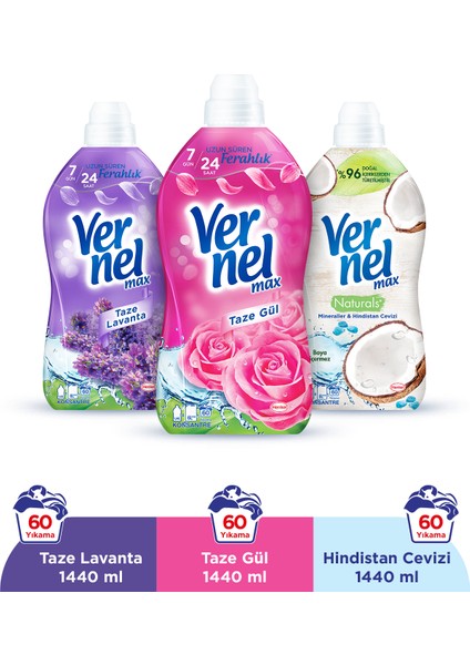 Max Taze Gül 1.44L & Vernel Max Taze Lavanta 1.44L & Vernel Max Naturals Mineraller ve Hindistan Cevizi 1.44L