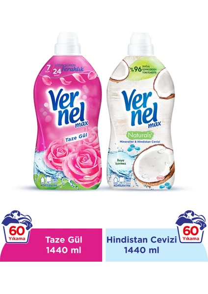 Max Taze Gül 1.44L & Vernel Max Naturals Mineraller ve Hindistan Cevizi 1.44L (2'li Set)