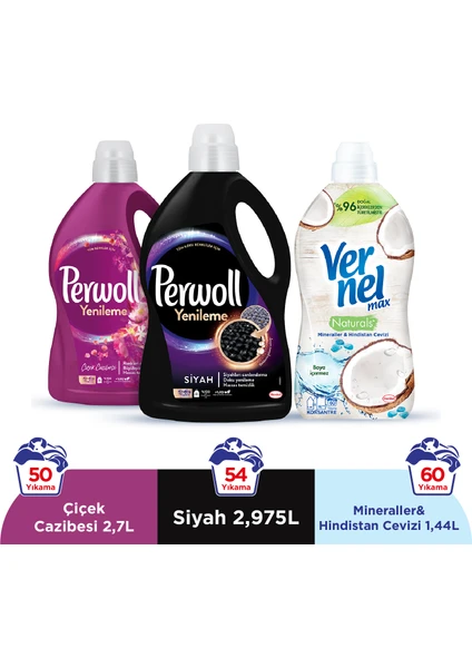 Yenileme Siyah 2.97L & Perwoll Yenileme Çiçek Cazibesi Renkliler 2.75L & Vernel Max Naturals Mineraller ve Hindistan Cevizi 1.44L