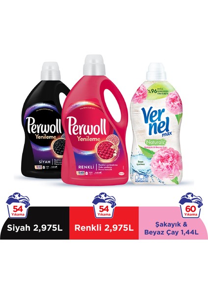 Yenileme Renkli 2.97L & Perwoll Yenileme Siyah 2.97L & Vernel Max Naturals Şakayık ve Beyaz Çay 1.44L