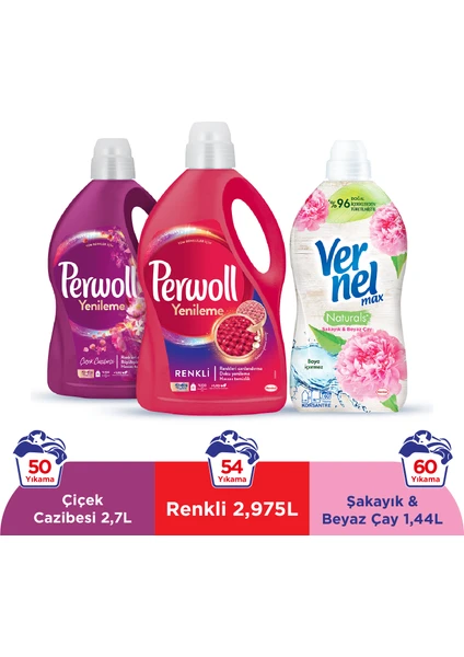 Yenileme Renkli 2x2.97L & Perwoll Yenileme Çiçek Cazibesi Renkliler 2.75L & Vernel Max Naturals Şakayık ve Beyaz Çay 1.44L