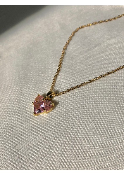 Nature Çelik Pembe Zirkon Taş 45 cm Gold Renk Kalp Kolye