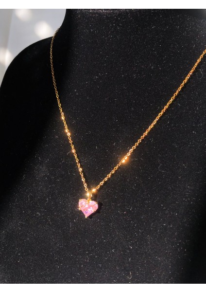 Nature Çelik Pembe Zirkon Taş 45 cm Gold Renk Kalp Kolye fiyatları