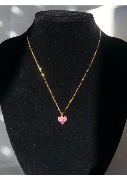 Nature Çelik Pembe Zirkon Taş 45 cm Gold Renk Kalp Kolye modelleri