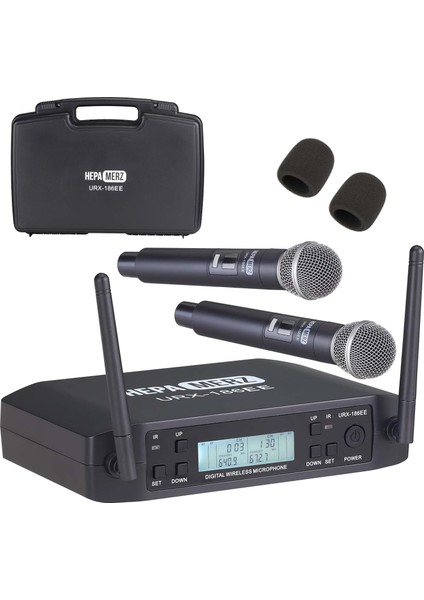 URX-186EE Uhf 2X100 Kanal Çiftli Kablosuz El Mikrofonu Çift Anten LCD Ekran