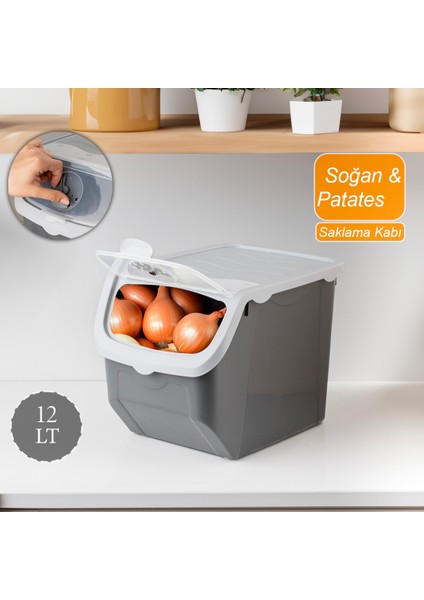 Coral Çok Amaçlı Plastik Patates Soğan Sarımsak Saklama Kutusu 12 lt Gri