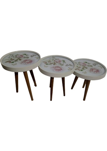 Zigon Sehpa Çember Gonca Gül Model Kayın Retro Parlak Ceviz 3 Ayak Üstü Cam El Yapım