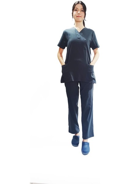 Emel Tekstil Doktor Terikoton Kadın Likralı Kumaş Koyu Lacivert Takım 4811