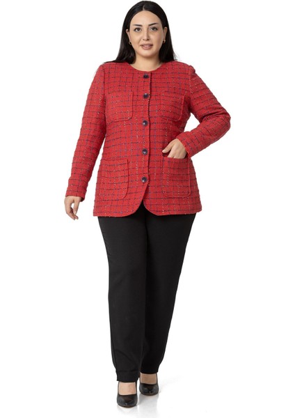Büyük Beden Cepli Yakasız Simli Şanel Kırmızı Astarlı Ceket