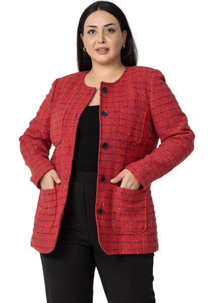 Büyük Beden Cepli Yakasız Simli Şanel Kırmızı Astarlı Ceket fiyatları