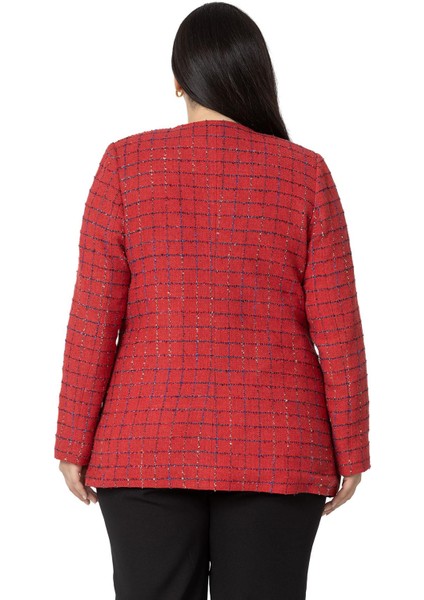 Büyük Beden Cepli Yakasız Simli Şanel Kırmızı Astarlı Ceket modelleri