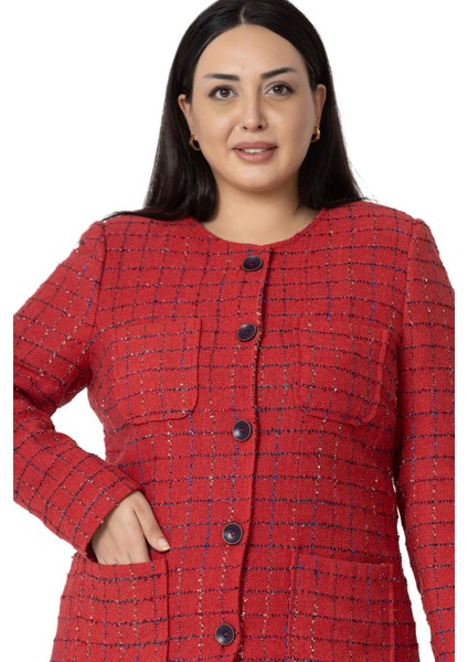 Büyük Beden Cepli Yakasız Simli Şanel Kırmızı Astarlı Ceket fırsatları