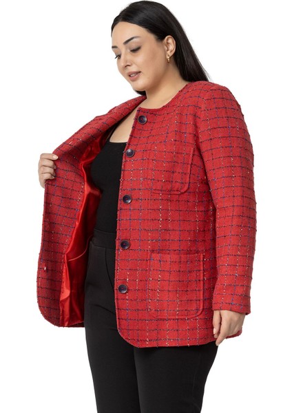 Büyük Beden Cepli Yakasız Simli Şanel Kırmızı Astarlı Ceket indirimleri