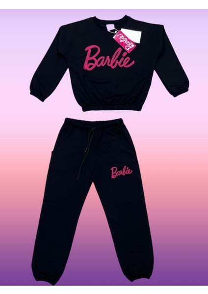 Kız Çocuk Barbie Baskılı Siyah Üzeri Fuşya Renk Alt Üst Eşofman Takımı Sweatshirt / Eşofman Altı